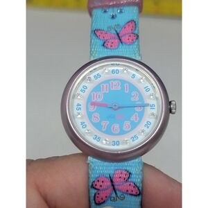 Flik Flak Girls Watch Blue Butterfly Strap Pink Case Jewels Swiss Made
